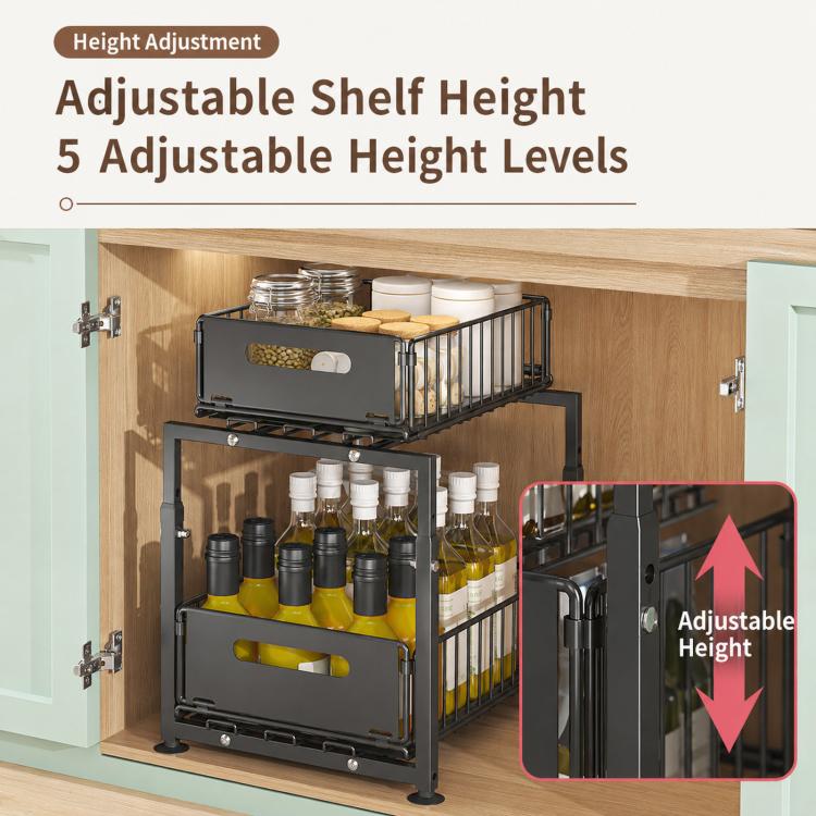 2 Tier Under Sink Organizer Height Adjustable Pull Out Cabinet Drawer Storage Rack