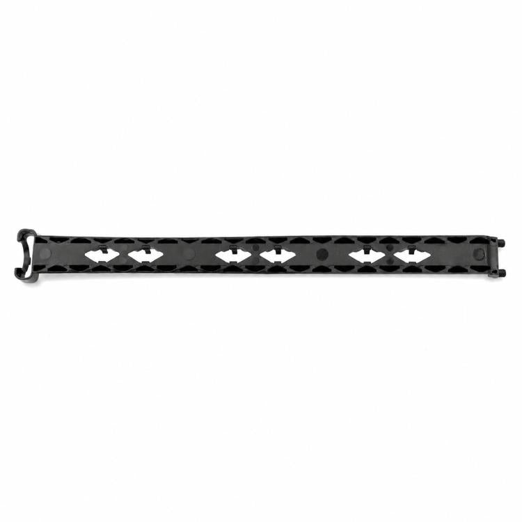 Seat motor adjustment rail flexible shaft bracket, black perforated cutout rail piece
