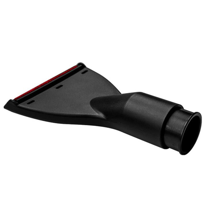 Universal vacuum upholstery tool with flat angled head and red bristle strip