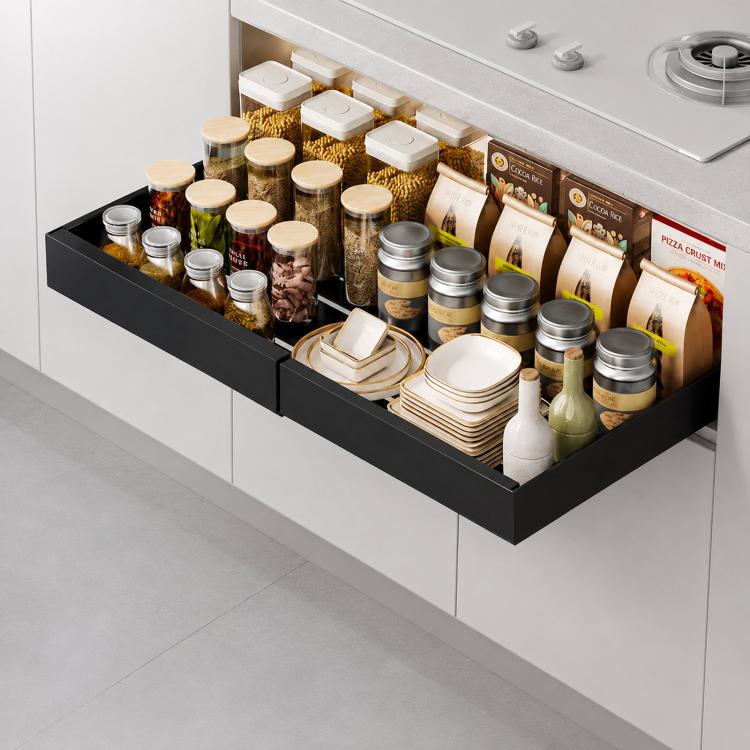 Black under-sink pull-out cabinet organizer drawer with raised sides, storing bottles and jars