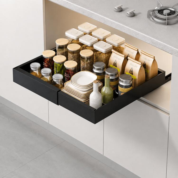 Black under-sink sliding organizer drawer with raised edge holding jars, bottles, and cups
