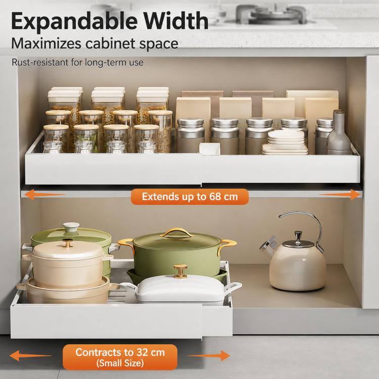 Expandable under-sink cabinet organizer drawer extending for cookware storage in a cabinet