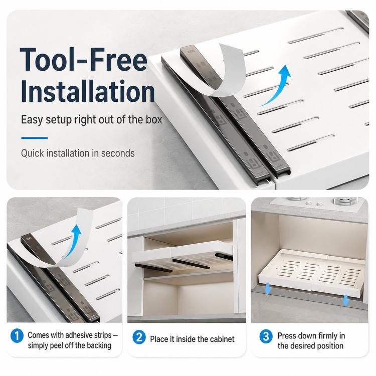 White under-sink slide-out organizer tray with vented base and adhesive strips