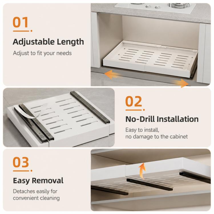 White adjustable slide-out cabinet organizer with vented tray and black pull rails