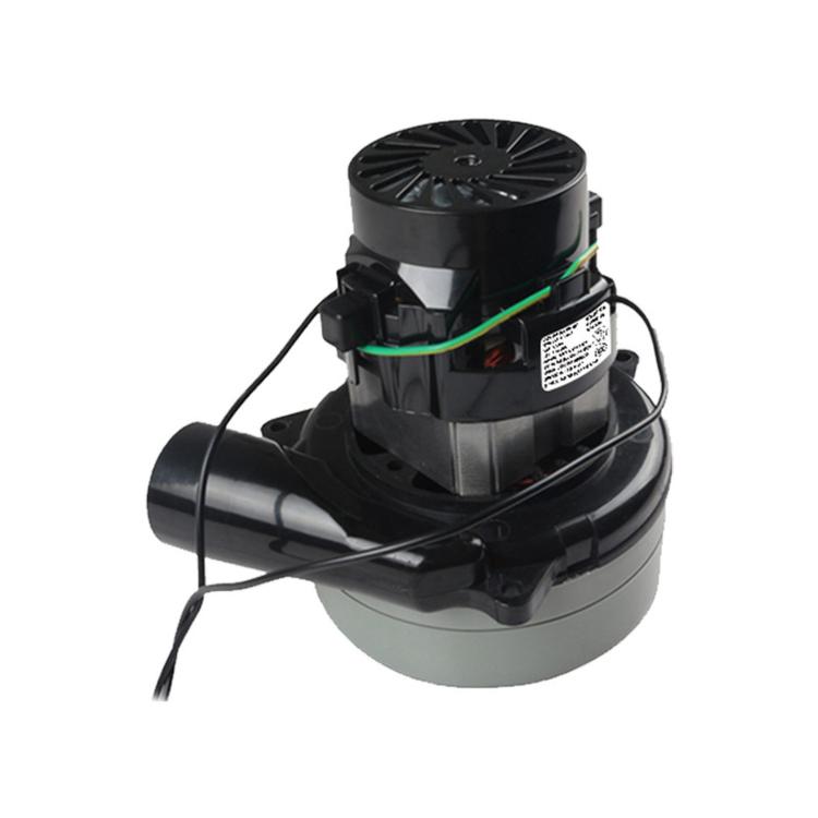 Wet/dry motor assembly with black top fan, wired connections, gray canister