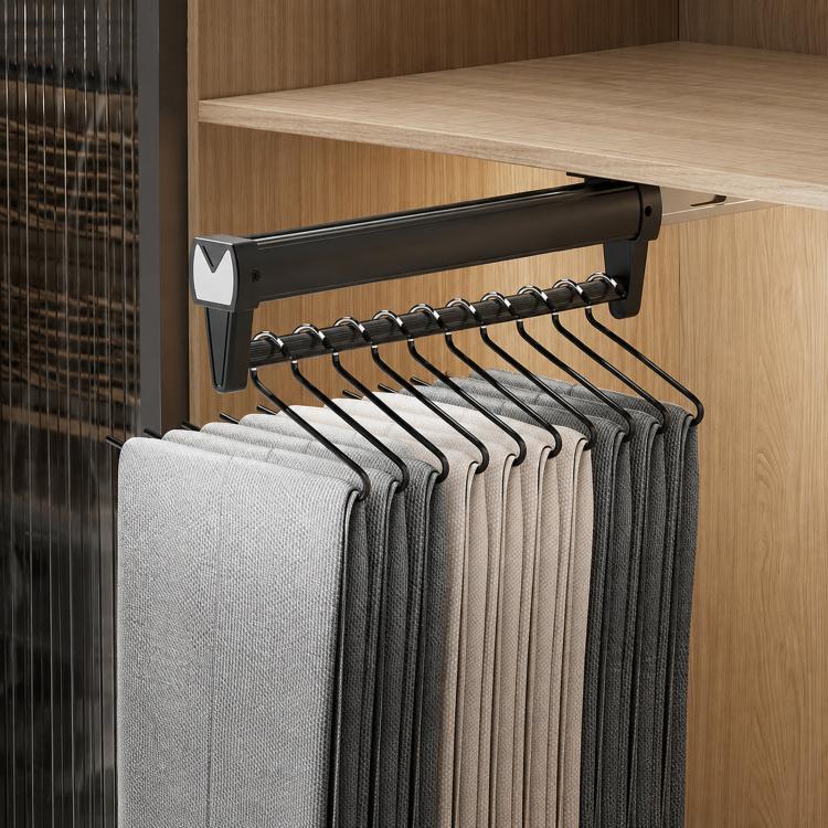 Extendable closet hanger rail with black top mount and line of S-shaped hangers