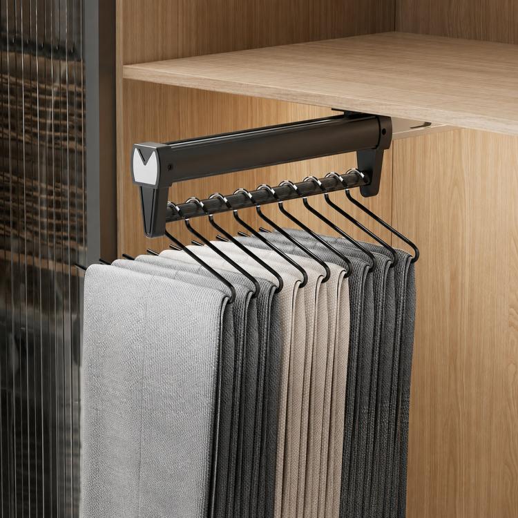 Black extendable hanger rail top mount with S-shaped hooks supporting folded scarves