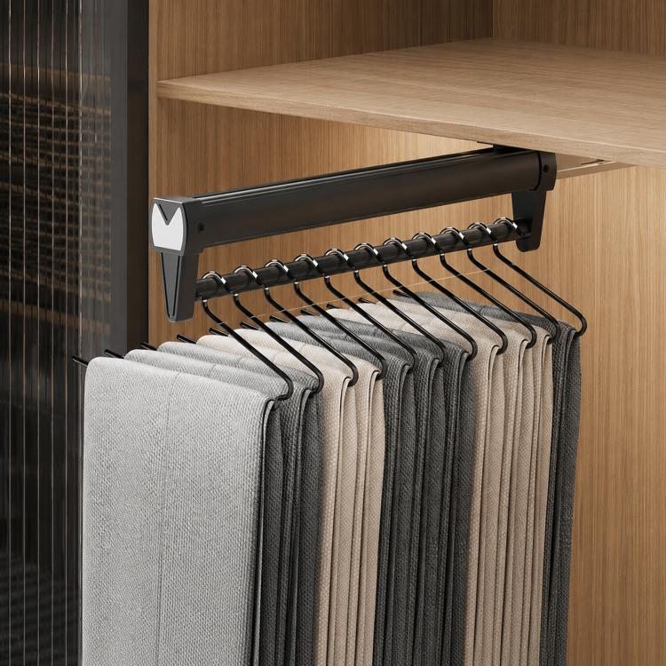 Black top-mount pull-out hanger rail with rows of S-shaped hooks for scarves