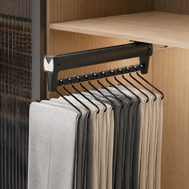 Black extendable closet rod hanger rail with S-shaped hooks holding layered scarves