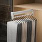 White pull-out closet rod hanger rail with S-shaped hooks and hanging scarves