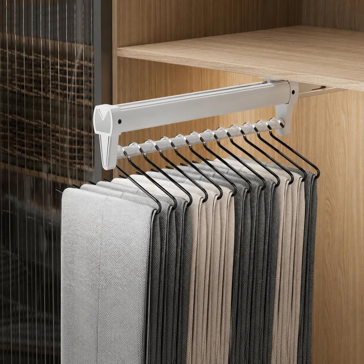 White pull-out closet rod hanger rail with S-shaped hooks and hanging scarves