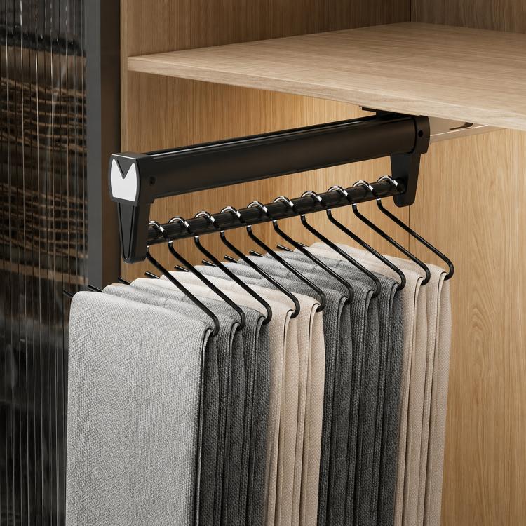 Extendable top-mount closet hanger rail, black bar with black hooks and hanging pants/scarves