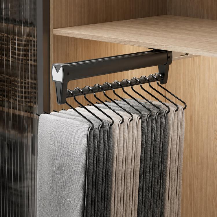 Extendable top-mount closet hanger rail, black bar with black hooks holding folded pants/scarves