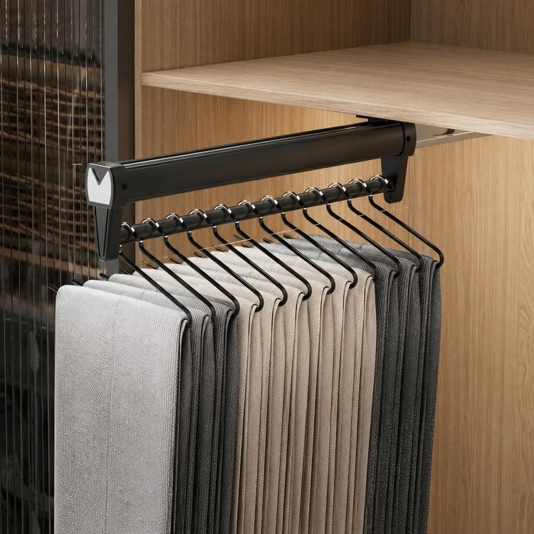 Top-mount extendable closet hanger rail with multiple metal hooks, black finish