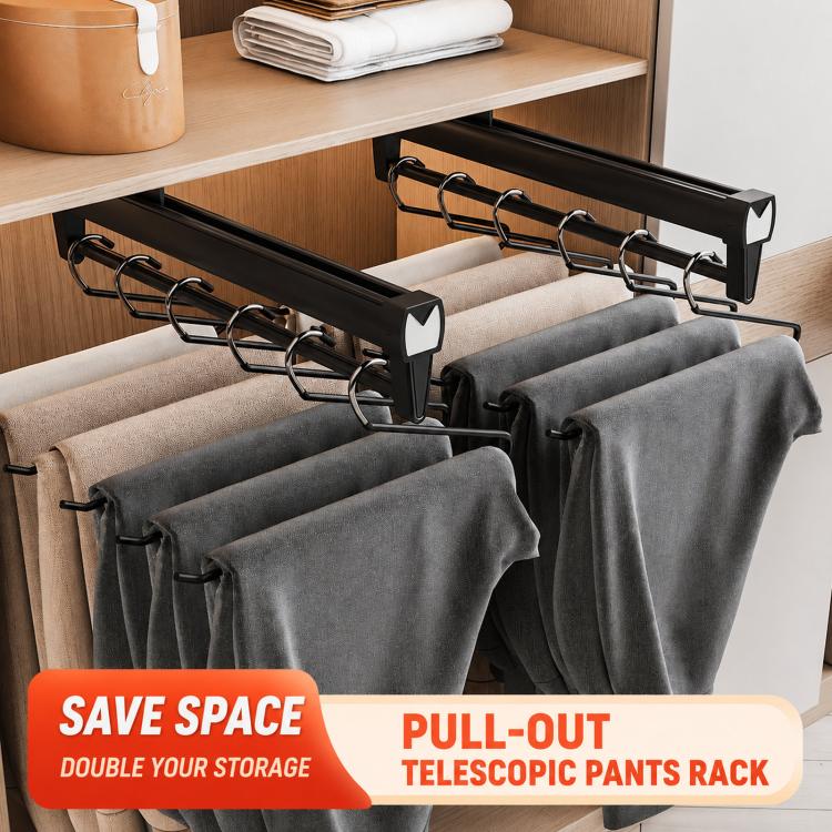 Pull-out telescopic closet pant rack with curved hanger hooks and side brackets, black