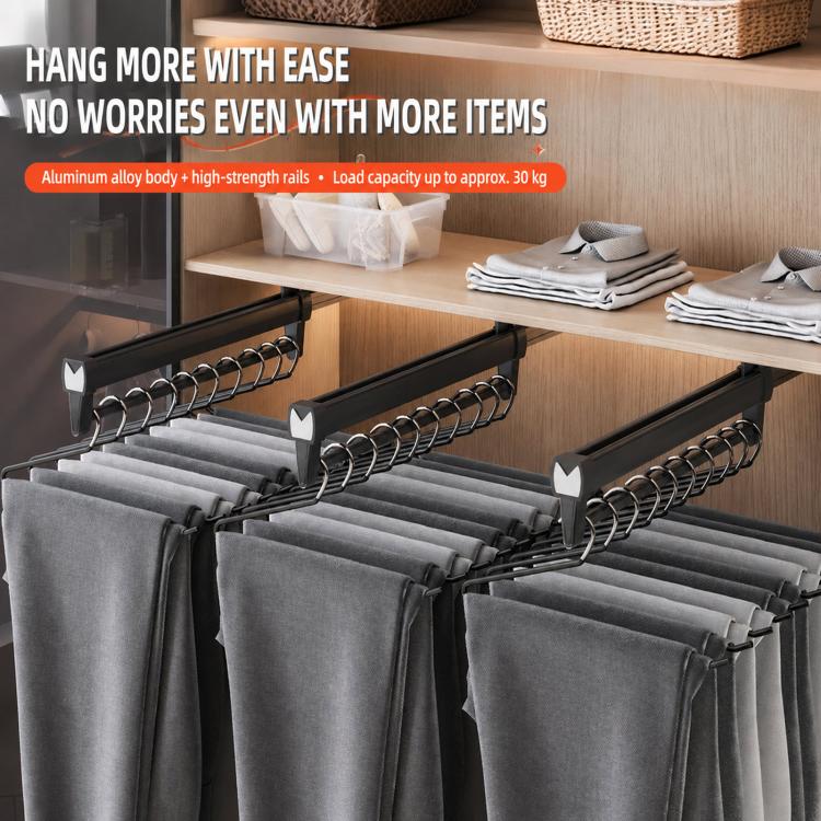 Extendable pant rack with ring-style hooks for multiple garments, black rail system
