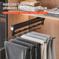Top-mounted extendable pant rack with thick aluminum-style rail and hook hangers, black