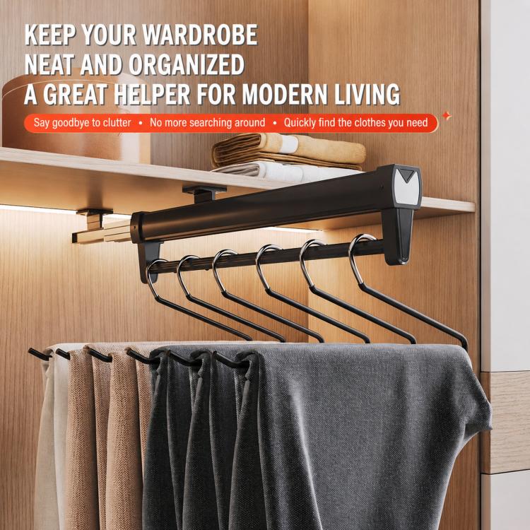 Pull-out closet hanger rail with hook row under a shelf, black finish