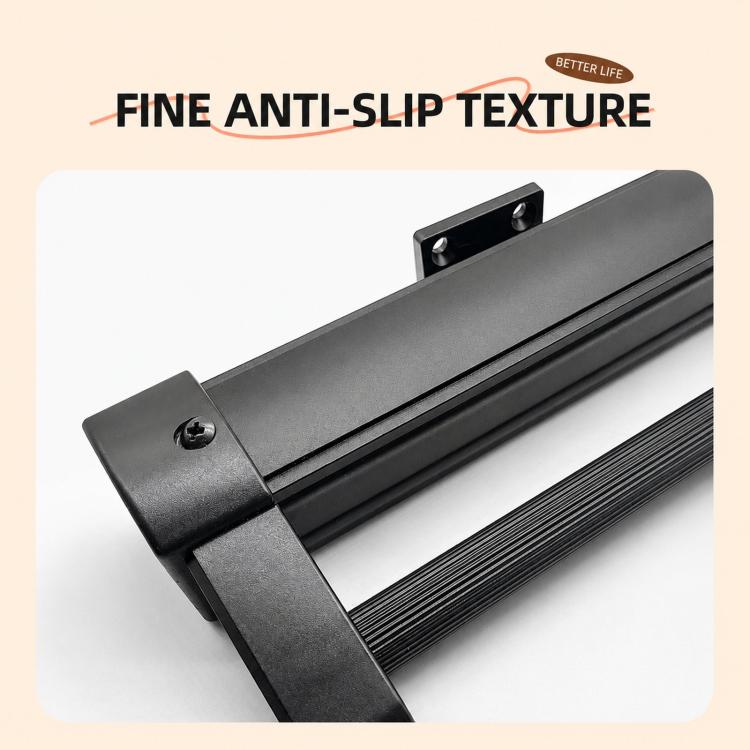 Anti-slip textured end section of pull-out closet rail, black metal