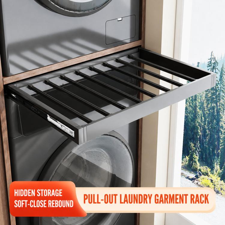 Pull-out laundry garment rack with dark rods and side frame, extended beside a washer