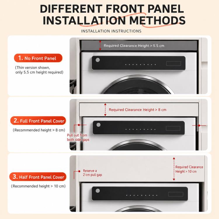 Laundry drying rack installation clearance diagram with front panel options