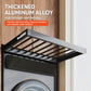Gray pull-out laundry drying rack with slatted rods above a washer, extended from the cabinet