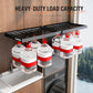 Pull-out laundry drying rack with dark slatted rods and multiple detergent bottles on top