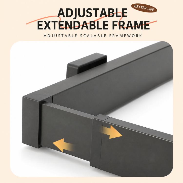 Extendable frame laundry drying rack with sliding end rails for fit