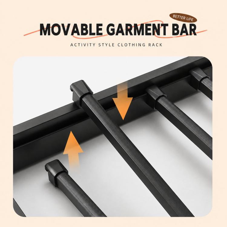 Extendable laundry drying rack with movable bar and cushioned support rods