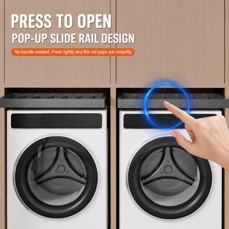 Pull-out laundry drying rack with pop-up slide rail for washing machine top