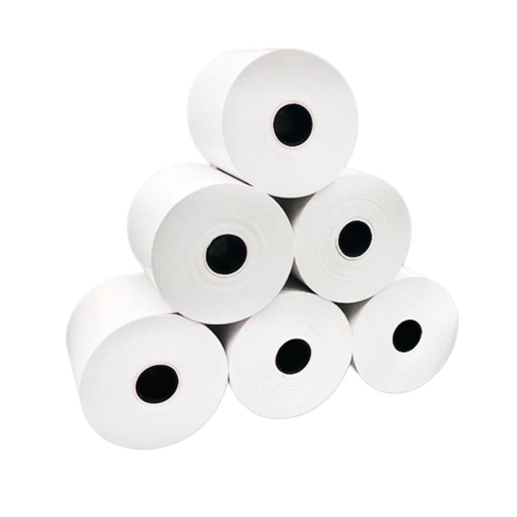 Thermal receipt paper rolls, stacked white rolls with black center core openings