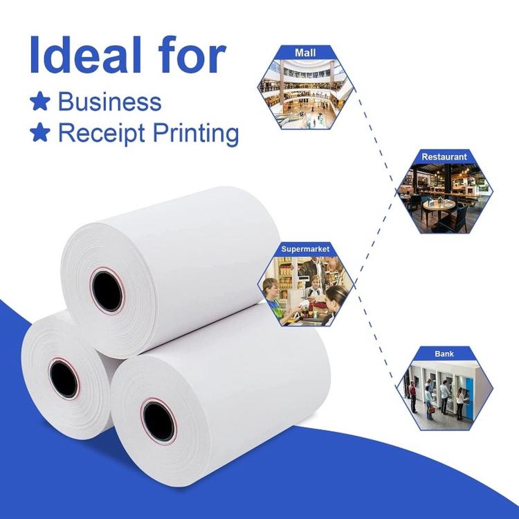 Thermal receipt paper rolls, white spools with black core openings for receipt printing