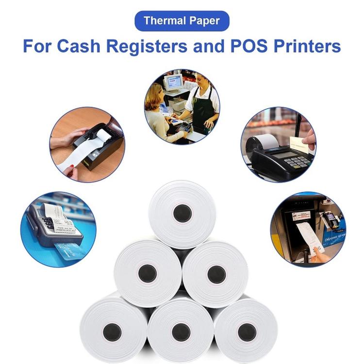 Thermal paper rolls for cash registers, white spools with black core openings