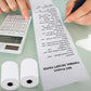 Thermal receipt paper rolls with printed receipt held in hands above a calculator