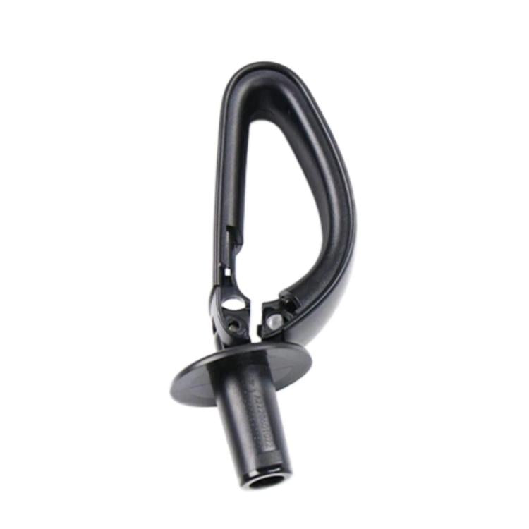 Black rear seat belt guide device with metal mounting bracket and round base.