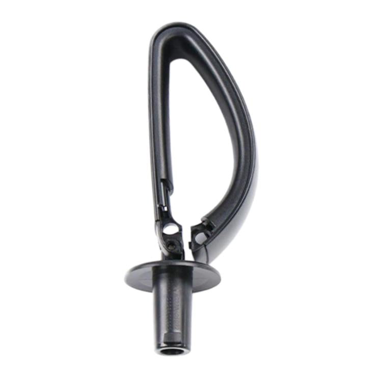 Black rear seat belt guide device, side view with cylindrical metal tube.