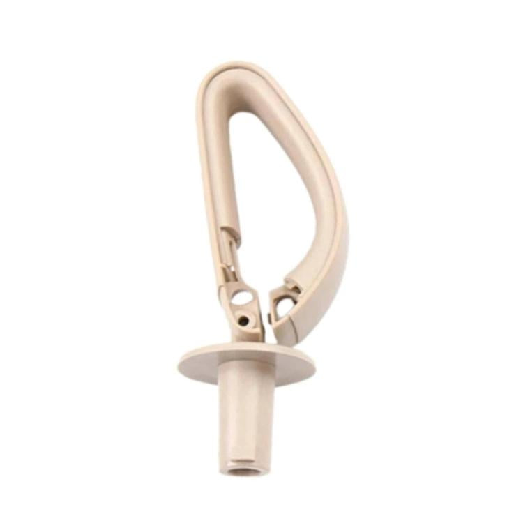 Satinized beige rear seat belt guide device with light housing and metal mounting.