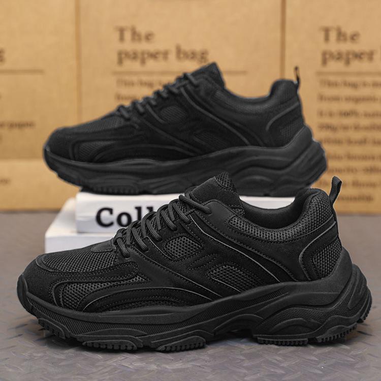 Men's black lace-up running sneakers with thick treaded sole and cushioned collar