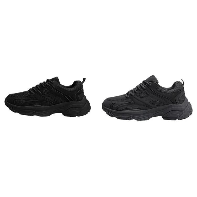Men's black sneakers, two side views, lace-up with thick rubber outsole