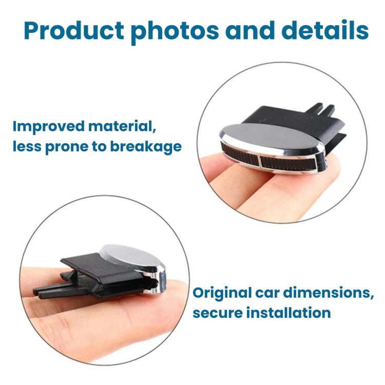 Air vent adjustment clip/paddle held on palm, black base with chrome oval top.