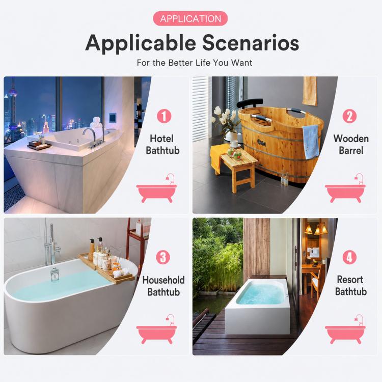 Bath tub liner cover set shown on usage scenarios: hotel, home, resort tubs