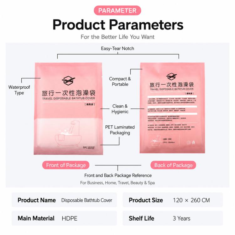 Disposable bathtub cover packaging diagram with size and material details