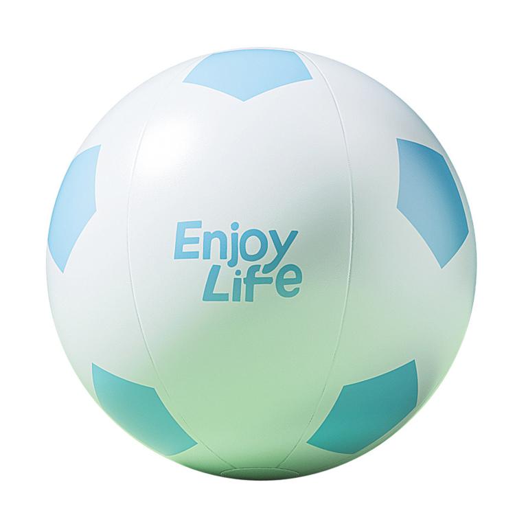 Inflatable soccer ball with blue/green panels and “Enjoy Life” graphic