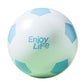Front view inflatable soccer ball with blue/green panels and “Enjoy Life” graphic