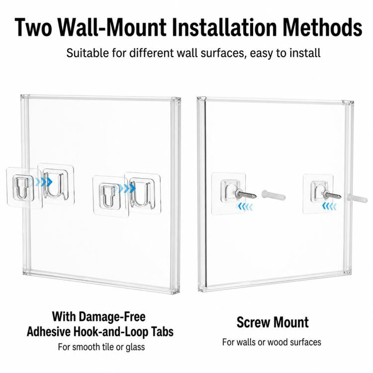 Clear acrylic 7-inch vinyl wall mount case showing two installation methods