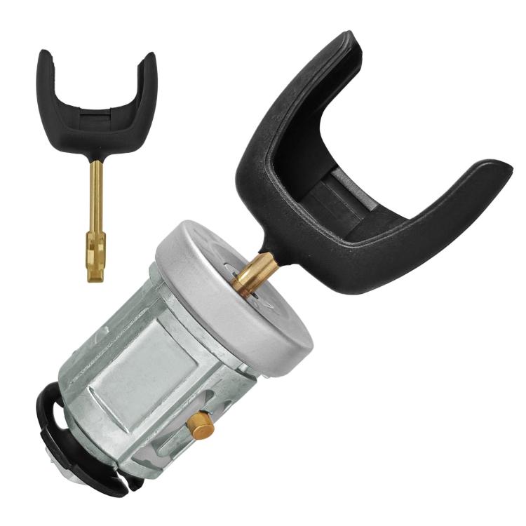 Car ignition lock cylinder with two brass keys, black key blanks, side view
