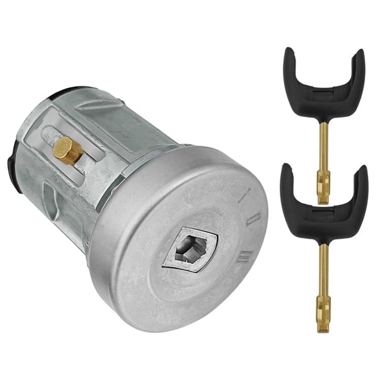 Car ignition lock cylinder with two brass keys, silver housing, square keyway