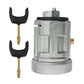 Car ignition lock cylinder with two brass keys, silver body, rectangular mounting bracket