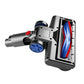 Motorized floor brush head side view with blue brush roll and red indicator button