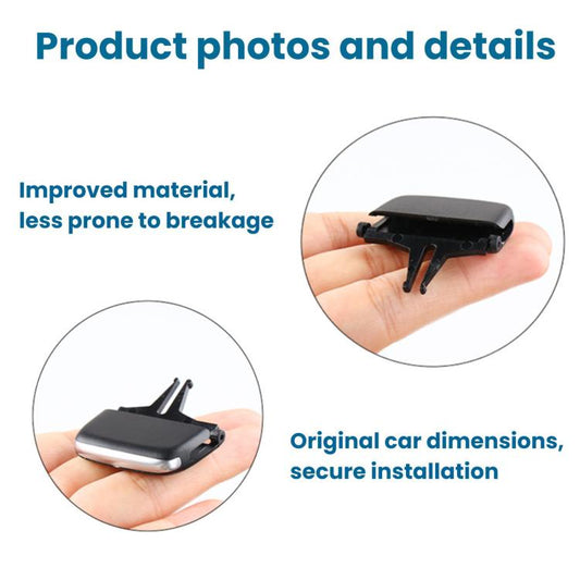 Air vent adjustment paddle held in hand, black housing with mounting clips
